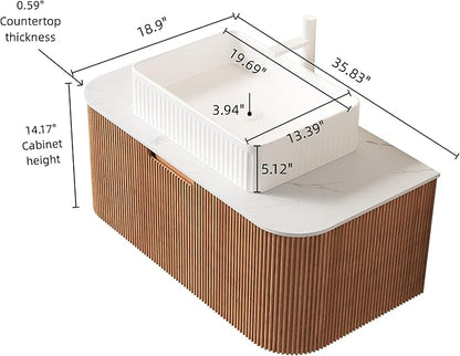36'' Bathroom Vanities Cabinet with Sink, Wall Mounted Floating Cabinet W/Curved Edges Stripes, Oak Plywood, Soft-close System with a Drawer, White Rectangular Ceramic Basin - Kiel, Natural Wood/W