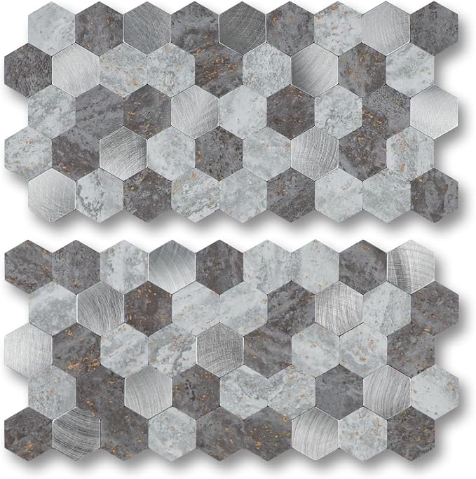 12 Sheets Peel and Stick Backsplash Tile, Hexagon Gray Stone Rock Mixed Brushed Metal Stick on Backsplash, Honeycomb Self Adhesive Mosaic Wall Tiles for Kitchen Bathroom (11.3" x 5.7")