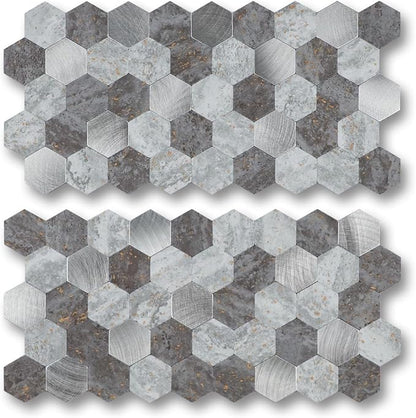 12 Sheets Peel and Stick Backsplash Tile, Hexagon Gray Stone Rock Mixed Brushed Metal Stick on Backsplash, Honeycomb Self Adhesive Mosaic Wall Tiles for Kitchen Bathroom (11.3" x 5.7")