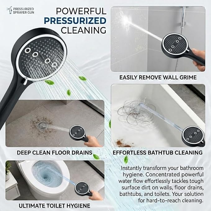 Handheld Shower Head with Hose, 6 Spray Settings, High Pressure, Chrome Finish, Rain, Pulse, Boost, Spray, Mix, Cleaning Modes (Black)