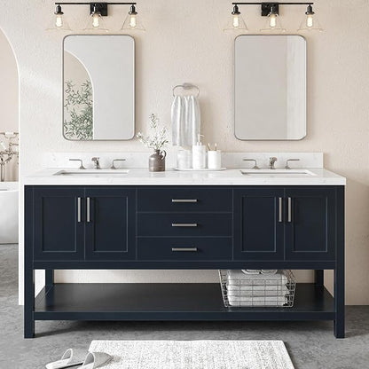 ARIEL Magnolia 72-inch Bathroom Vanity with Sink,Solid Wood, 1.5-inch Carrara White Quartz Countertop, Double Rectangular Porcelain Sink, 4 Soft Closing Doors, 3 Dovetail Drawers, Midnight Blue