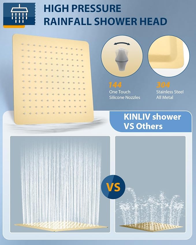 12 Inch Brushed Gold Rain Shower Head with Extension Arm, Rainfall Square Showerhead with 16 Inch Shower Arm All Stainless Steel, 144 Outlets Waterfall Full Body Coverage