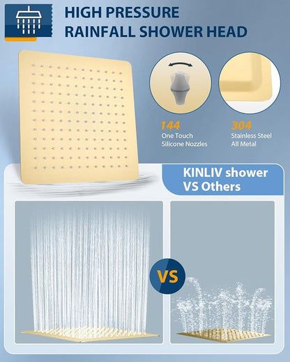 12 Inch Brushed Gold Rain Shower Head with Extension Arm, Rainfall Square Showerhead with 16 Inch Shower Arm All Stainless Steel, 144 Outlets Waterfall Full Body Coverage