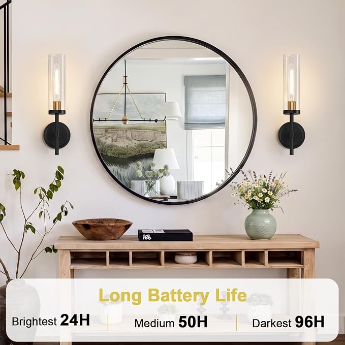 Battery Operated Wall Sconce Set of 2，Black and Gold Wireless Rechargeable Wall Lighting Fixtures with Remote Control，Dimmable Wall Light for Bathroom ，Vanity, Living Room, Bedroom, Hallway, Stairway