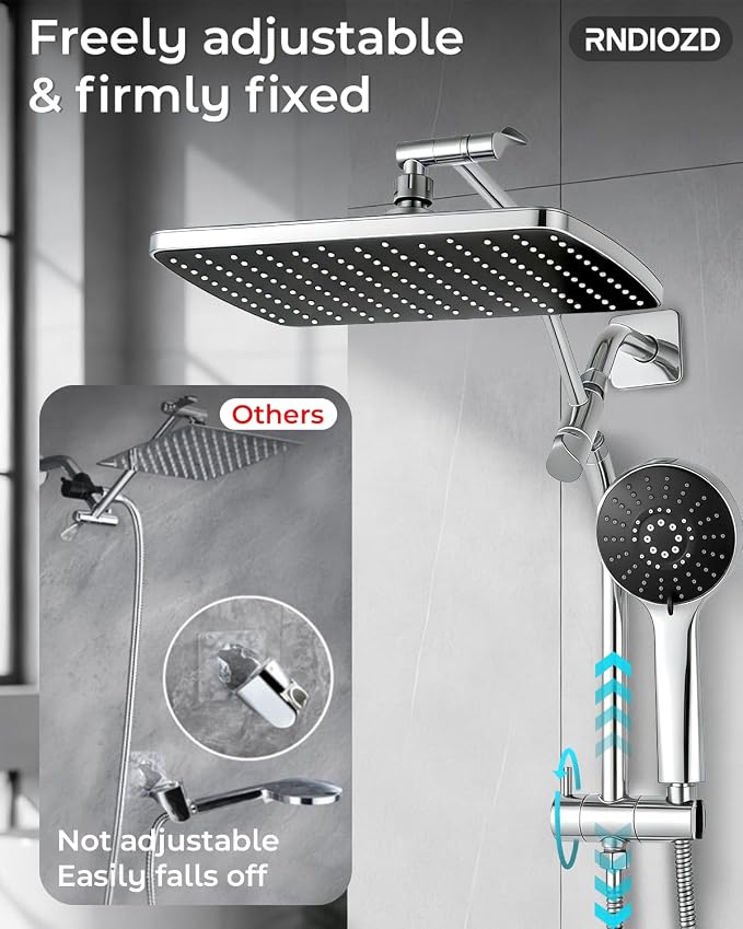 Shower Head with Handheld,High Pressure Chrome Slide Bar ShowerHead | Regaderas Para Shower,11.8" Rectangular,Rain Shower Head,Dual Shower Head,Bathroom Decor,Extension Arm,5 Spray Mode