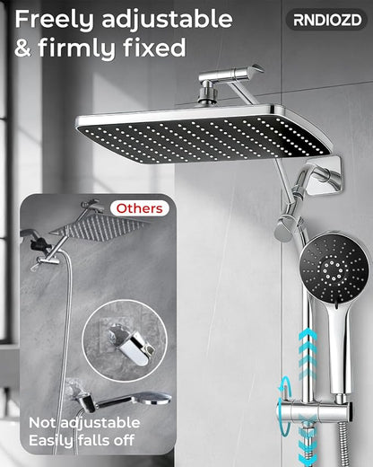 Shower Head with Handheld,High Pressure Chrome Slide Bar ShowerHead | Regaderas Para Shower,11.8" Rectangular,Rain Shower Head,Dual Shower Head,Bathroom Decor,Extension Arm,5 Spray Mode