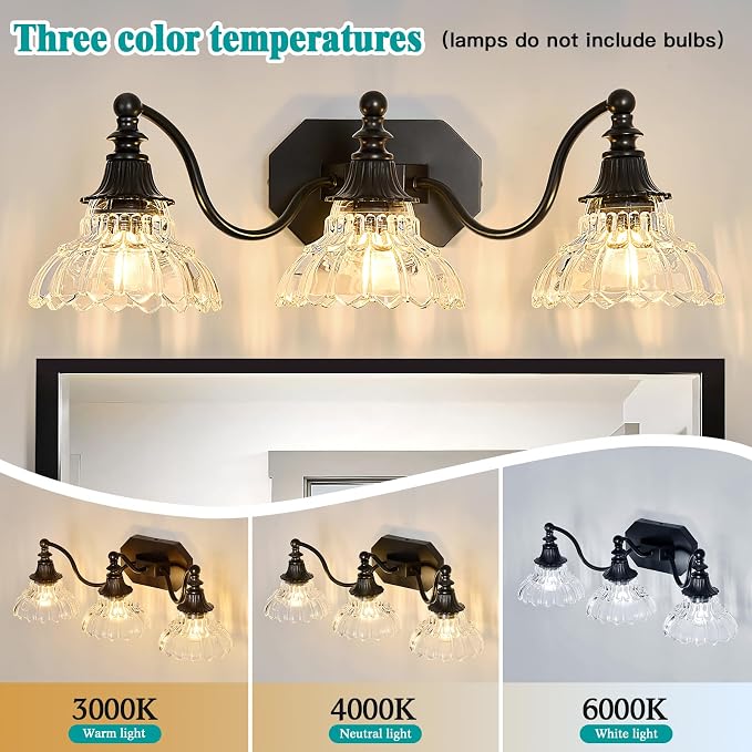 hesoge Farmhouse Bathroom Light Fixture Vintage Vanity Light with Crystal Glass Shade Black 3 Light Wall Mount Lamp Over Mirror