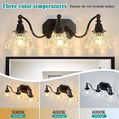 hesoge Farmhouse Bathroom Light Fixture Vintage Vanity Light with Crystal Glass Shade Black 3 Light Wall Mount Lamp Over Mirror