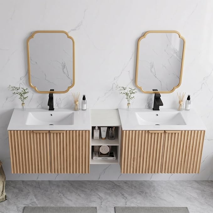 72 Inch Floating Bathroom Vanity with Double Sink, Bathroom Double Sink Cabinet with Soft Close Door Waterproof Storage, Wood Color(wt)