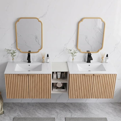 72 Inch Floating Bathroom Vanity with Double Sink, Bathroom Double Sink Cabinet with Soft Close Door Waterproof Storage, Wood Color(wt)
