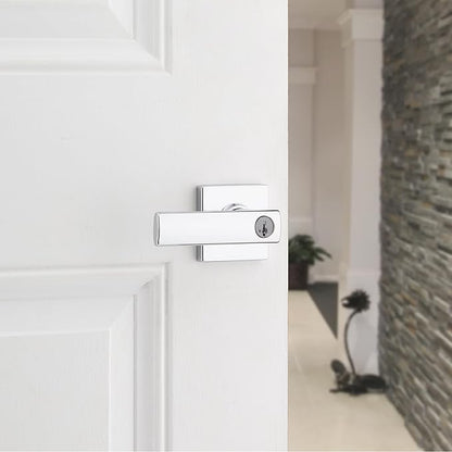 Kwikset Breton Entry Door Handle with Lock and Key, Secure Keyed Reversible Lever Exterior, Doorlock, For Front Entrance and Bedrooms, Polished Chrome , Pick Resistant Smartkey Rekey Security