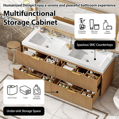 60 Inch Natural Color Floating Double Sink Bathroom Vanity with SMC Countertop and 4 Divided Drawers for Medium or Large Bathroom Room, Painted MDF Cabinet, Wall-Mounted