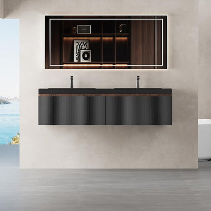 60'' Modern Floating Bathroom Vanity Sink Combo, Wall-Mounted Striped Cabinet, Soft-Close Drawers, Double Quartz Sand Basins, Smoked Walnut - Spacious & Stylish