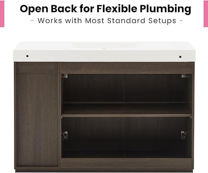 48" Bathroom Vanity with Sink Combo, Mid Century Modern Bathroom Cabinet with Doors & Open Shelf, Glossy White Integrated Sink with Overflow, Dark Grey Oak