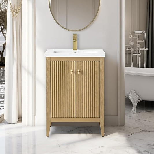 Vanity Art 24 inch Bathroom Vanity with Single Sink & Ceramic Top, Vanity Cabinet with Soft-Closing Door, Solid Wood Frame, Linear Pattern, Natural Oak, Golden Brushed Handware VA9124-NO-GB