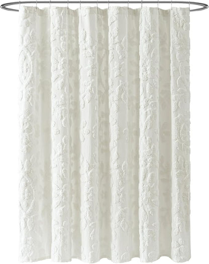 Peri Home Chenille Laurel Cotton Shower Curtain 72 x 72 inches White 1-Pc | Fabric, Bathroom