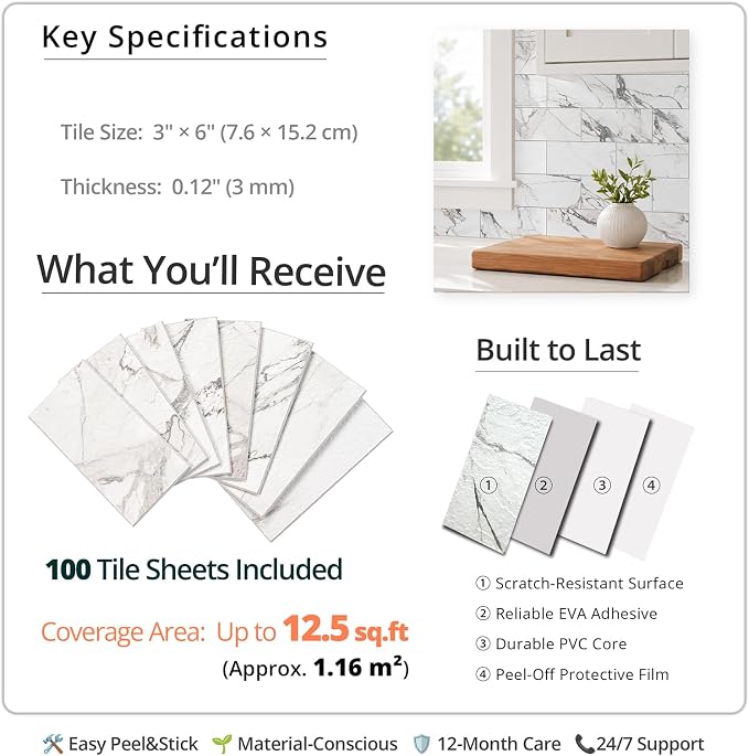 StyloVue 100 Pieces Peel and Stick Backsplash for Kitchen, 3" x 6" PVC Subway Tile, 2026 Upgraded Volakas White Marble, Stick on Wall Tile for Kitchen, Bathroom, Fireplace, RV