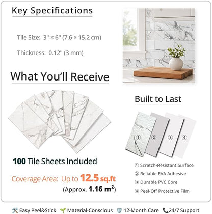 StyloVue 100 Pieces Peel and Stick Backsplash for Kitchen, 3" x 6" PVC Subway Tile, 2026 Upgraded Volakas White Marble, Stick on Wall Tile for Kitchen, Bathroom, Fireplace, RV