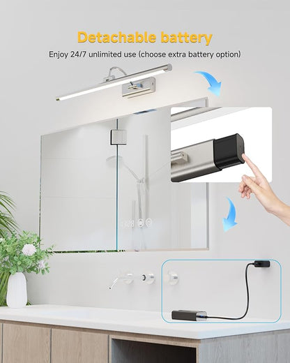 Rechargeable Wireless Bathroom Vanity Light Brushed Nickel 24 inch | 10000mAh Rechargeable Vanity Bathroom Light, with 1 Detachable Battery, Dimmable, Rotatable, 3CCT for Bathroom Mirror