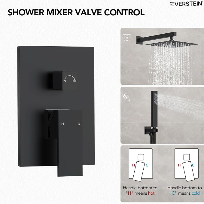 10 Inch High Pressure Rainfall Shower System with Handheld Spray, Wall Mount Bathroom Shower Faucet Set with Valve (Matte Black)