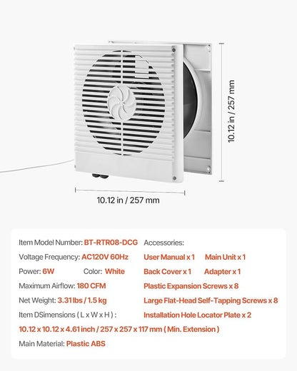 VEVOR Room to Room Fan, Two-Way Airflow Through-the-Wall Fan 8" with Temperature Control, 180 CFM Ventilation Quiet In-Wall Exhaust Vent Fans for Bathroom, Laundry Room and Indoor