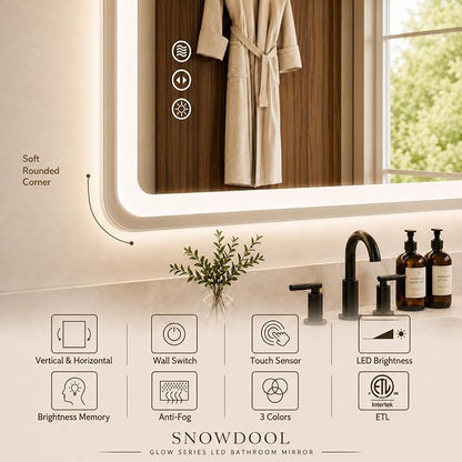Snowdool 72"X32" LED Bathroom Mirror with Front and Backlit Lighting, 8 RGB Backlit＋3 Color Temperatures, Dimmable Anti-Fog Vanity Mirror for Bathroom Over Sink, Tempered Glass