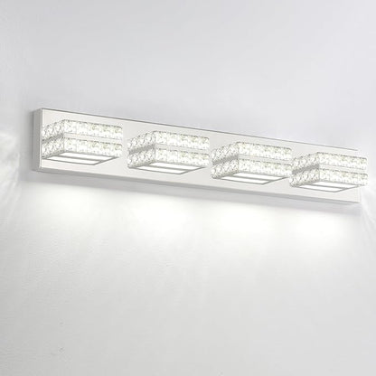 OKELI Crystal Vanity Lights LED Bathroom Vanity Light Fixture Over Mirror Modern Indoor Mirror Front Lamp, 6000K Cold White Dimmable, 4-Lights, 24W, ETL Listed