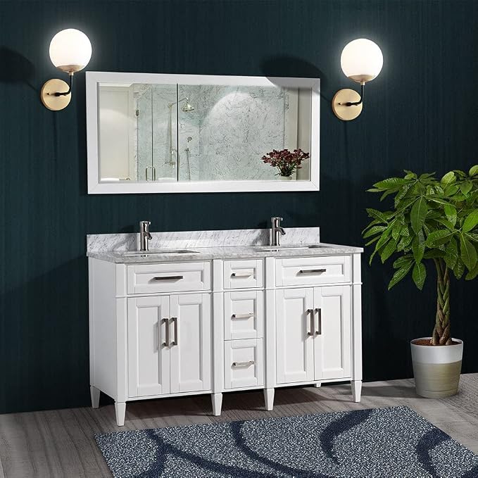 Vanity Art 60 Inch Double Sink Bathroom Vanity with Mirror | Carrara Marble Stone Top Storage Bathroom Organizer Cabinet with Dovetailed Drawer, Soft Closing Doors, Brushed Nickel Handles, VA2060-DW