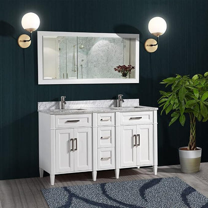 Vanity Art 60 Inch Double Sink Bathroom Vanity with Mirror | Carrara Marble Stone Top Storage Bathroom Organizer Cabinet with Dovetailed Drawer, Soft Closing Doors, Brushed Nickel Handles, VA2060-DW