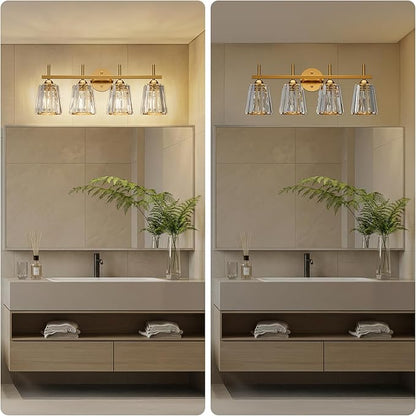 Crystal Bathroom Light Fixtures Over Mirror, Gold 4-Light Bathroom Vanity Lights Over Mirror Modern Wall Lighting Sconces with Ceramic E26 Base (Bulbs Not Include)
