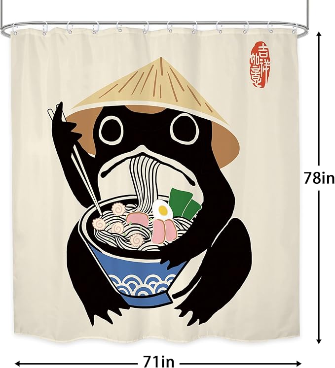 LGhtyro Long Funny Frog Shower Curtain Bathroom Set 71Wx78H Inches Asian Traditional Retro Vintage Cute Noodles Strawhat Men Bath Accessories Japanese Style Animal Art Home Decor Fabric 12 Pack Hooks