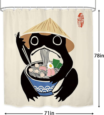 LGhtyro Long Funny Frog Shower Curtain Bathroom Set 71Wx78H Inches Asian Traditional Retro Vintage Cute Noodles Strawhat Men Bath Accessories Japanese Style Animal Art Home Decor Fabric 12 Pack Hooks