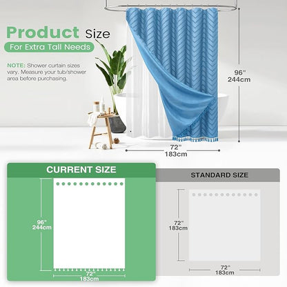 Dynamene Extra Long Shower Curtain and Liner Set - 96 inch Tall Shower Curtain and Waterproof Clear Liner, Tufted Chevron Striped Tassel Shower Curtains for Bathroom, 12 Hooks, 72x96, Moonlight Blue