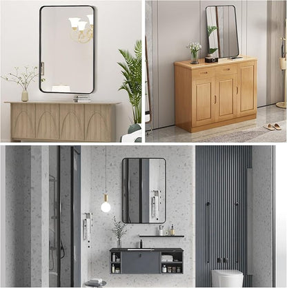 Black Bathroom Mirror 16x20in, Metal Framed Rounded Rectangle Wall | Tempered Glass, Anti-Rust Frame, Hangs Horizontal or Vertical, HD Reflection Clarity