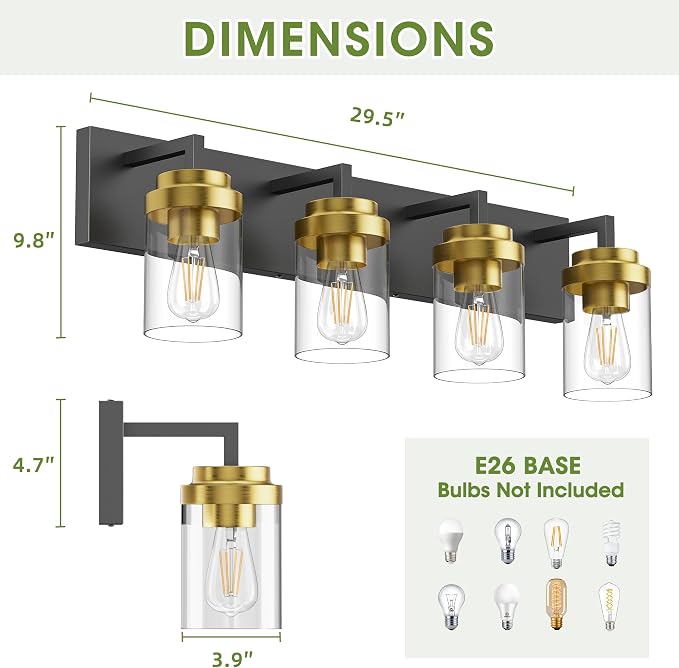 Bathroom Lighting Fixtures, 4-Light Bathroom Vanity Lights Over Mirror, Black and Gold Vanity Light with Glass Shade, Modern Vanity Lighting Fixtures for Bathroom, Bedroom, Hallway
