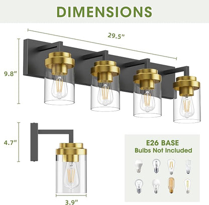 Bathroom Lighting Fixtures, 4-Light Bathroom Vanity Lights Over Mirror, Black and Gold Vanity Light with Glass Shade, Modern Vanity Lighting Fixtures for Bathroom, Bedroom, Hallway