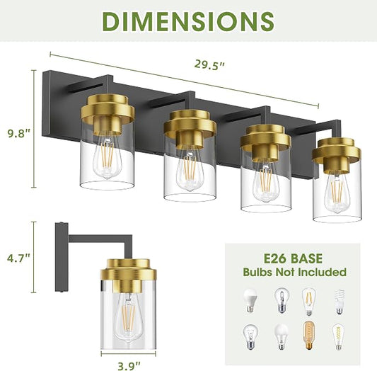 Bathroom Lighting Fixtures, 4-Light Bathroom Vanity Lights Over Mirror, Black and Gold Vanity Light with Glass Shade, Modern Vanity Lighting Fixtures for Bathroom, Bedroom, Hallway