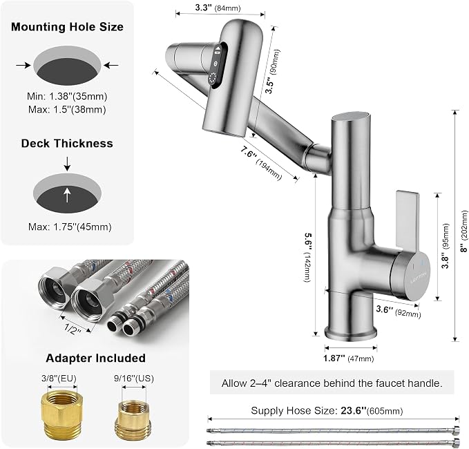 Rotatable Bathroom Faucet with Temperature Display in Fahrenheit (Batteries-Free), 3 Water Outlet Modes, Brushed Nickel