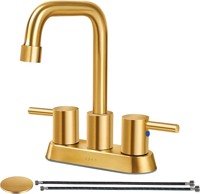 SOKA Centerset Bathroom Faucet 2 Handles 4 Inch Commercial Hand Sink Touch Faucets 3 Hole Bathroom Sink Faucet Gooseneck, Gold