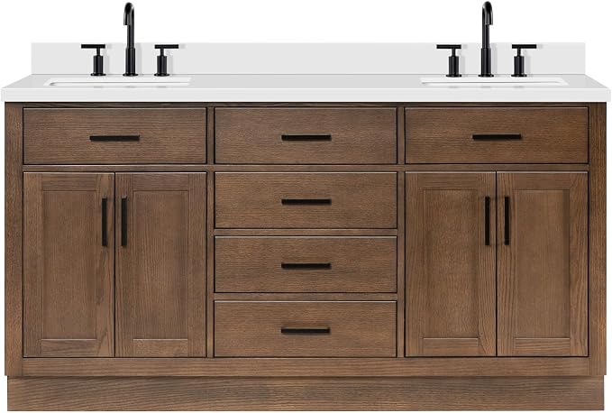 Isabella 66-Inch Brown Oak Double Bathroom Vanity with Sink, 1.5-Inch Edge Pure White Quartz Countertop & 4" Backsplash, Soft-Closing Doors & Drawers, Solid Oak Wood Construction