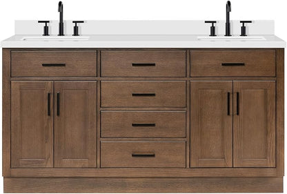 Isabella 66-Inch Brown Oak Double Bathroom Vanity with Sink, 1.5-Inch Edge Pure White Quartz Countertop & 4" Backsplash, Soft-Closing Doors & Drawers, Solid Oak Wood Construction