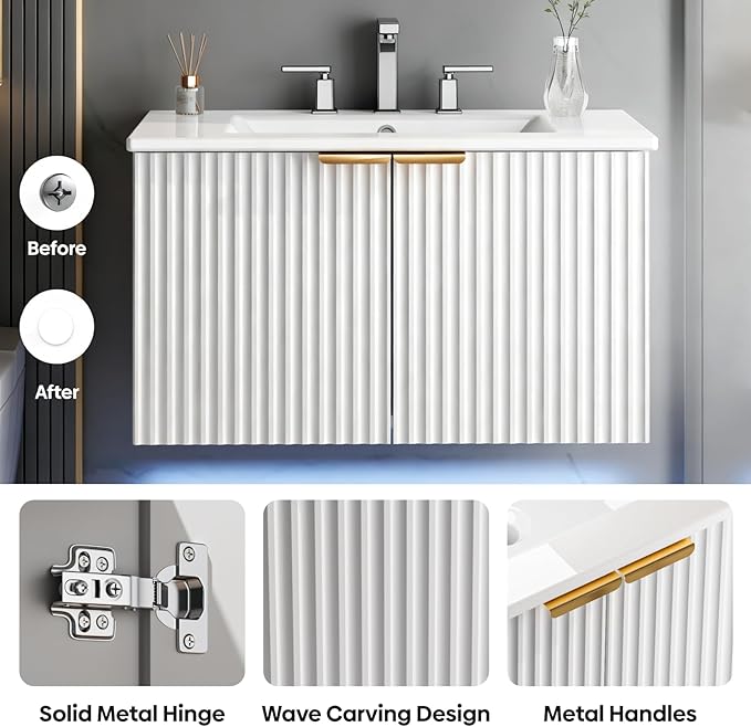 Bathroom Vanity with Sink, 30" Wall Mounted Floating Vanity Cabinet, Modern Bathroom Sinks with LED Light, Metal Handle & Double Soft-Close Doors, White