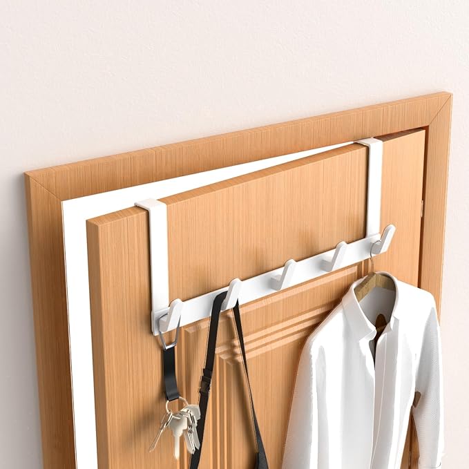Over The Door Hooks Hanger, Heavy Duty Rack for Winter Coat, Fits 1 3/8" Doors, L7U - Bathroom Accessories and Towel Organizer Holder, Glossy White