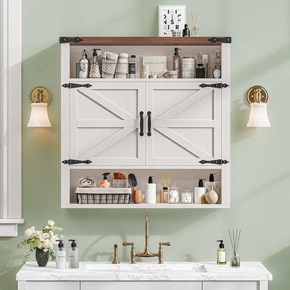 Bathroom Wall Cabinet, Farmhouse Medicine Cabinet with Adjustable Shelves and 2 Barn Doors, Wall Mounted Over the Toilet Storage Cabinet for Bathroom, Laundry Room, Kitchen, Rustic White and Brown