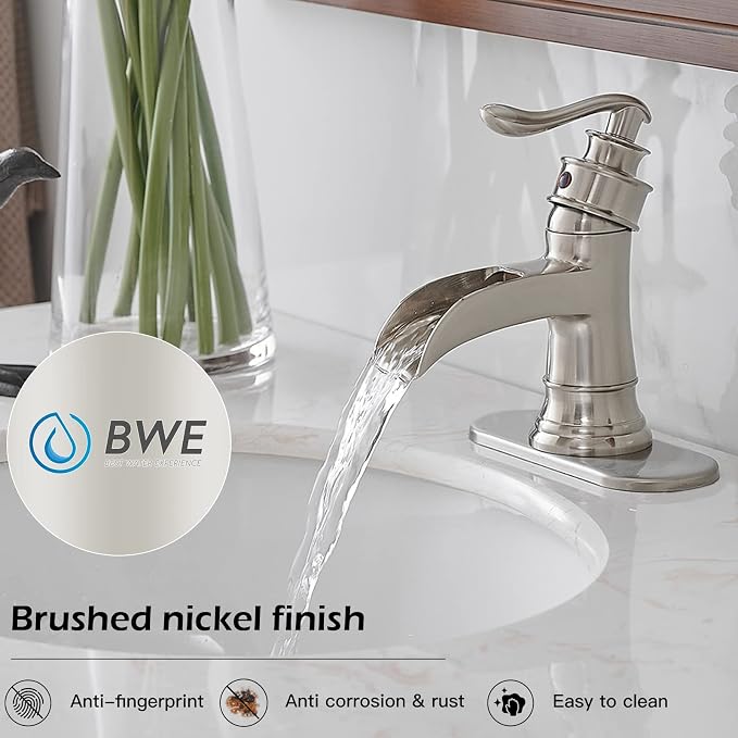 BWE Brass Brushed Nickel Waterfall Sink Faucet, Classic & Modern (No Drain) | Wide Waterfall Spout, Ceramic Cartridge, Fits 1 or 3-Hole Sink, Single Handle, Easy Install, Corrosion Resistance