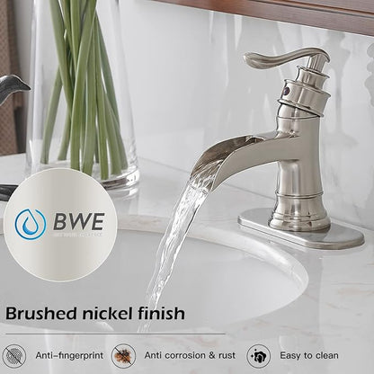 BWE Brass Brushed Nickel Waterfall Sink Faucet, Classic & Modern (No Drain) | Wide Waterfall Spout, Ceramic Cartridge, Fits 1 or 3-Hole Sink, Single Handle, Easy Install, Corrosion Resistance
