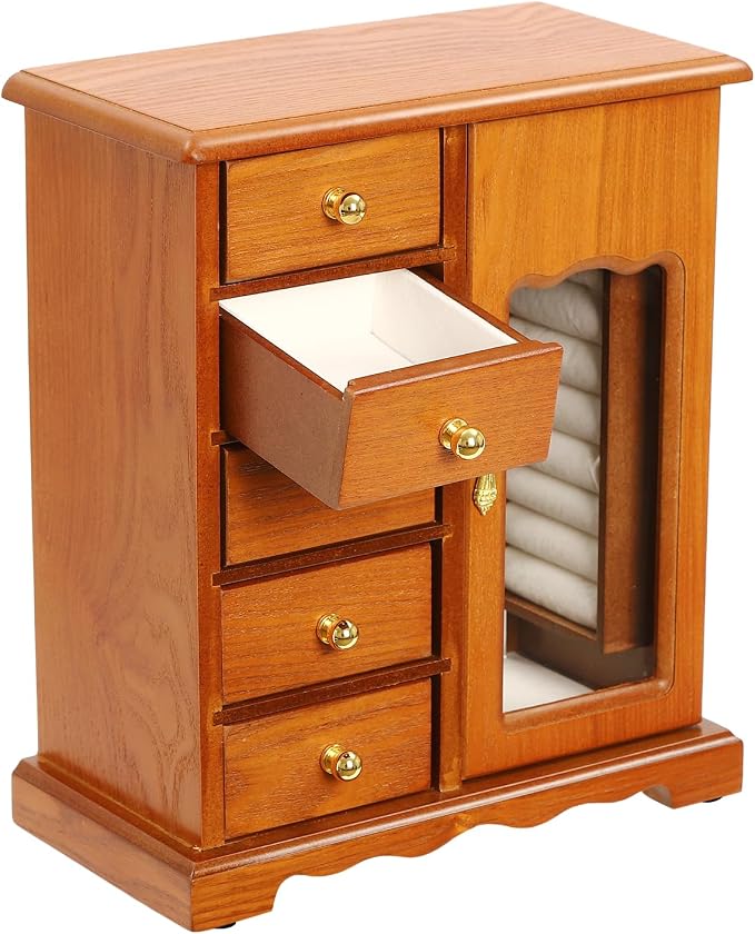 Vintage Wood Jewelry Box with 5 Drawers, Desktop Jewelry Organizer with Glass Door & Mirror, Necklace Ring Storage Display Case Built-in Necklace Carousel, Brown (Light Brown, 5 Drawers)