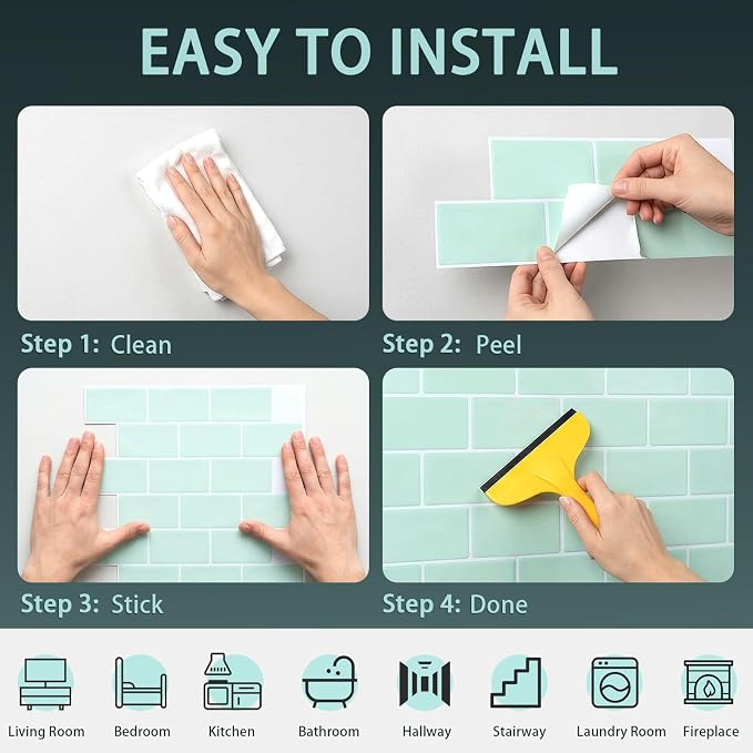 Arttown Peel and Stick 3D Wall Backsplash, 20-Sheet, 12" × 12" Aqua Green | Subway Tiles Self Adhesive Thicker Design Wall Tile Panel Wallpaper for Bathroom Balcony Kitchen