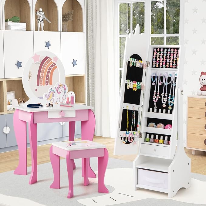 CHARMAID Kids Mirror Jewelry Cabinet - 45.5'' Full Length Mirror with Jewelry Storage, Standing Jewelry Armoire with Drawers, Kids Jewelry Organizer Box Vanity Dressing Mirror for Girls (White)