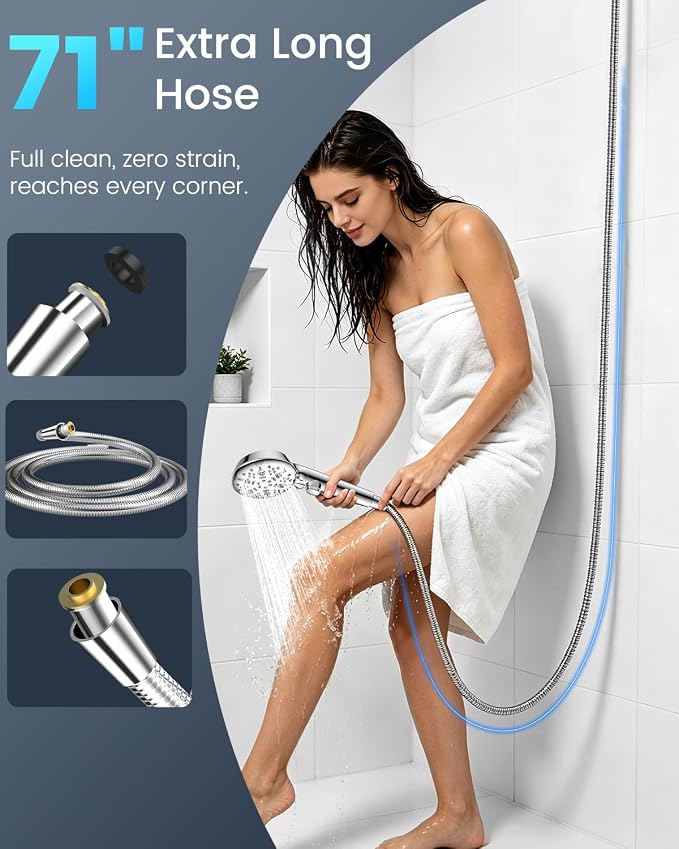 Shower Head with Handhled High Pressure Hand held Showerhead | 9 Modes, ON/OFF Switch Shower Heads with 71" Long Hose Built-in Power Wash, Bracket, Adhesive Shower Holder for Lower Mount